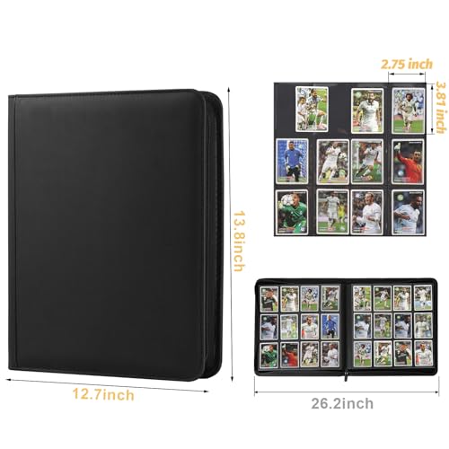 12 Pocket Ringless Side Loading Trading Card Binder, 720 Cards PU Fixed Page Zipper Card Album for TCG Sports Game Cards, Not Fit Top Loaders (Black) - color: 12 Pocket 720 Diamond Black