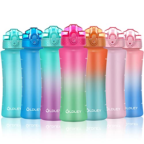 OLDLEY Kids Water Bottle with Straw 15 oz BPA-Free Leak-Proof Motivational Water Bottles with Time Marker for School Sports Travel Gym, Easy to Use for Girls Goys, 1 Straw Lid, Rose-Red Green - color: Rose-Red Green, style: Straw Lid