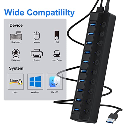 ONFINIO Powered USB Hub 3.0, 10-Port USB Splitter Hub | Individual On/Off Switches and 12V/2A Power Adapter USB Extension - style: 10 PORT 3.0