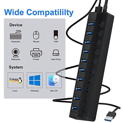 ONFINIO Powered USB Hub 3.0, 10-Port USB Splitter Hub | Individual On/Off Switches and 12V/2A Power Adapter USB Extension - style: 10 PORT 3.0