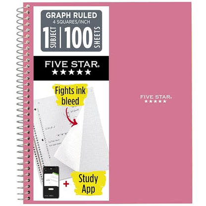 Five Star Spiral Notebook + Study App, 1 Subject, Graph Ruled Paper, 8-1/2" x 11", 100 Sheets, Prom Pink (620000R) - color: Prom Pink, size: Pack of 1