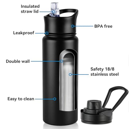 24oz Insulated Water Bottle with Straw Lid, Stainless Steel Metal Water Bottle with Straw & Wide Mouth Lid, Double Wall Vacuum Water Bottle for Hiking Camping, Black 4 Pack - color: Black, size: 24oz-4 Pack
