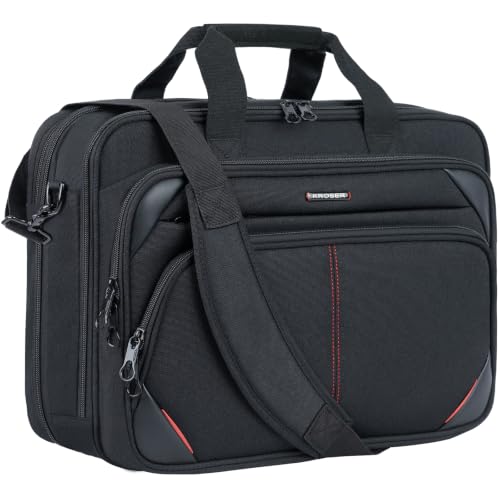 KROSER Laptop Bag 17.3 Inch Premium Laptop Briefcase, Expandable Water Repellent Laptop Shoulder Messenger Bag Durable Computer Case for Business/Travel/Men/Women (Black/Red) | Expandable design, padded laptop compartment, luggage strap for business and t