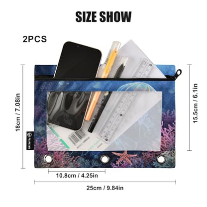 Pencil Pouch for 3 Ring Binder Jellyfish and Starfish Binder Pencil Case with Clear Window Zipper Cosmetic Bags 2 Pack for School Office College Supplies - color: Jellyfish and Starfish