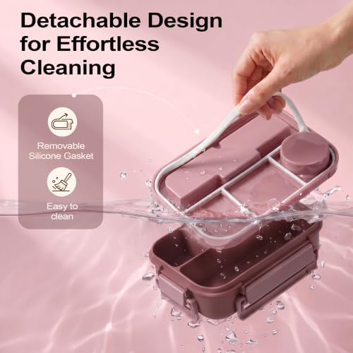 Bento Box Adult Lunch Box, Lunch Containers for Adults 44.5 Oz/5 Cup, Pink | BPA-Free, Lid-Top Sauce Tray, Leak-Proof, 1300mL, Removable Silicone Sealing Ring, Lid-Top Utensil Slot with Included Cutlery - color: Pink