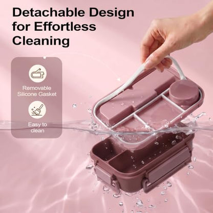 Bento Box Adult Lunch Box, Lunch Containers for Adults 44.5 Oz/5 Cup, Pink | BPA-Free, Lid-Top Sauce Tray, Leak-Proof, 1300mL, Removable Silicone Sealing Ring, Lid-Top Utensil Slot with Included Cutlery - color: Pink