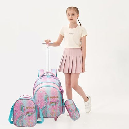 Meetbelify Girls Rolling Backpack Wheels Backpacks Kids Luggage for Elementary Preschool Students Cute Pink Mermaid Suitcase Trolley Trip Carry On Bag for Girls Ages 6-8 - color: 01 Pink Mermaid