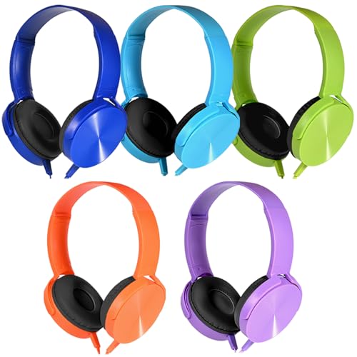 Kids Headphones Bulk 5 Pack for School Classroom K-12, Wholesale Class Set Durable Earphones for Students Children Toddler Teens Boys Girls and Adult (HY450, 5 Mixed) - size: 5 Pack