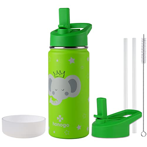 16 oz Stainless Steel Insulated Kids Water Bottle, Leak Proof Metal Thermal Flask with Straw lid, Cute Toddler Tumbler Cup for School Girls & Boys (Green, Elephant) - color: Green, Elephant