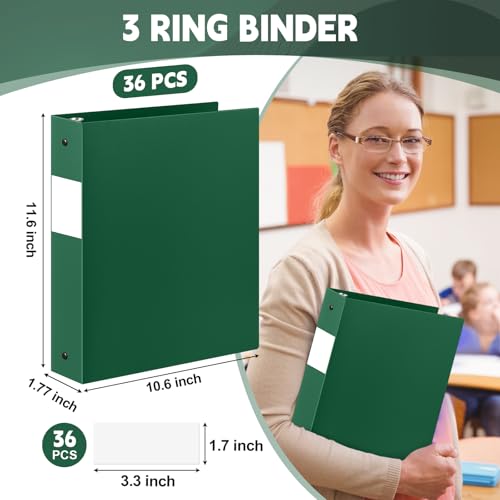 Henoyso 36 Pcs Dark Green 1.5 Inch 3 Ring Plastic Binder Bulk, 1 1/2 Inch Soft Flexible Binders Three Round Rings Fit 8.5x11 Papers for School Office Home File Organization Supplies - color: Dark Green