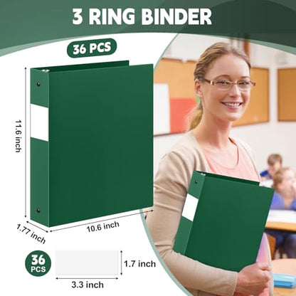 Henoyso 36 Pcs Dark Green 1.5 Inch 3 Ring Plastic Binder Bulk, 1 1/2 Inch Soft Flexible Binders Three Round Rings Fit 8.5x11 Papers for School Office Home File Organization Supplies - color: Dark Green