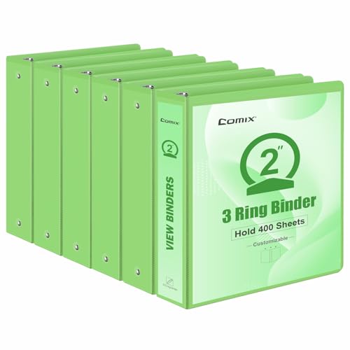 COMIX Standard 3 Ring Binder 2 inch with Clear View Cover, 2" Round Ring View Binder Holds 400 Sheets of US Letter Size Paper, 6 Pack (Light Green) - color: Light Green, size: 2 inch