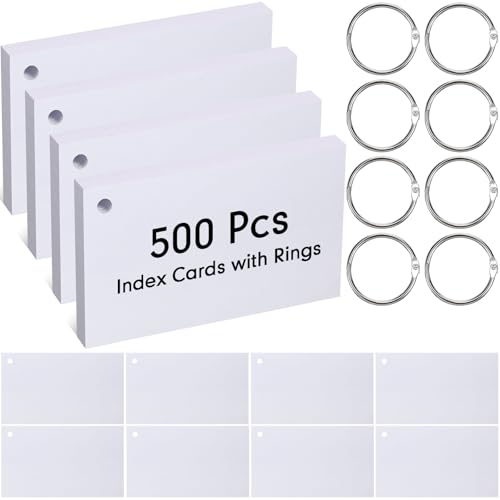 Yexiya 500 Pcs Index Cards with Rings Study Supplies Punched Lined Flash Cards with Holes Ruled Single Hole Notes and Metal Rings for Adults Office(4 x 6 Inch,Blank White) - color: Blank White, size: 4 x 6 Inch