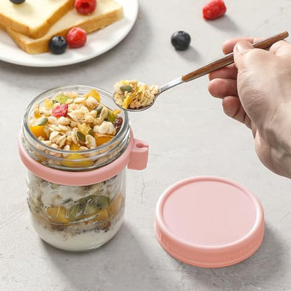 LANDNEOO 4 Pack Overnight Oats Containers with Lids and Spoons, 16 oz Glass Mason Jars with Airtight Lids, Overnight Oats Jars for Milk, Cereal, Fruit-Pink - color: Pink