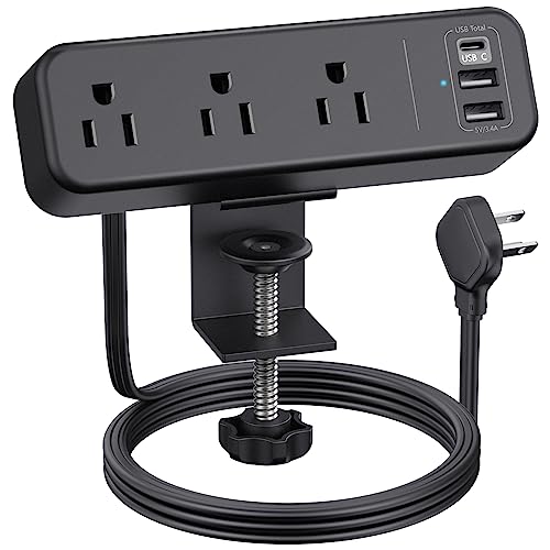 3 Outlet Desk Clamp Power Strip, 6.5 ft Extension Cord, Flat Plug | PAEWOK Power Strip with USB C, Desktop Edge, Desk Mount Clamp Socket, for 1.6 inch Tables, Black - color: Black