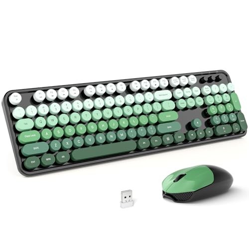 MOFII Wireless Keyboard and Mouse Combo, Full Size 2.4G Plug and Play Typewriter Retro Round Computer Keyboard and Mouse Set for Windows, Computer, Desktop, PC, Notebook - (Black Green Gradient) - color: Black Green Gradient