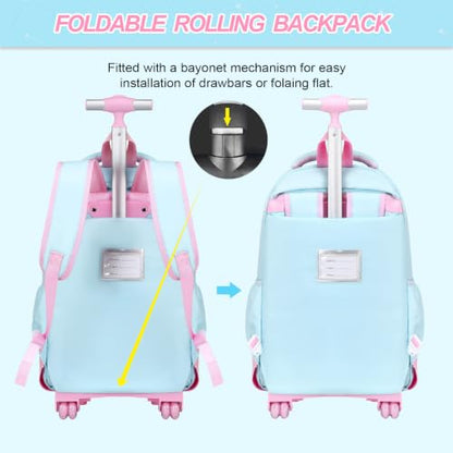 3-IN-1 Rolling Backpack for Girls with Lunch Bag Pencil case, Kawaii Backpack with Wheels for Girls, Roller School Bag with Wheels for Teen Elementary School Bookbags with Cute Pins Aquamarine-Pink - color: Aquamarine-pink