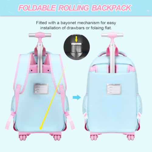 3-IN-1 Rolling Backpack for Girls with Lunch Bag Pencil case, Kawaii Backpack with Wheels for Girls, Roller School Bag with Wheels for Teen Elementary School Bookbags with Cute Pins Aquamarine-Pink - color: Aquamarine-pink