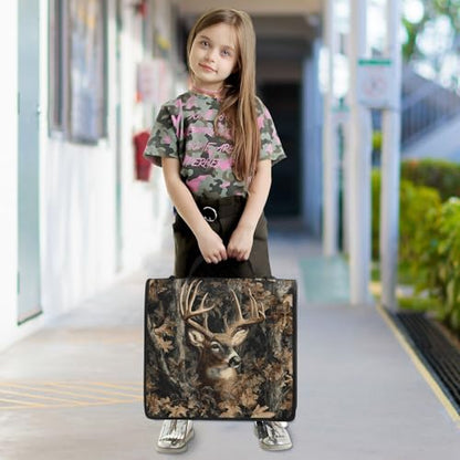 Cute Forest Camo Deer Zipper Binder Bag 3 Ring with Handle Shoulder Strap, Binder File Organizer Bag Storage Case for School Work Office