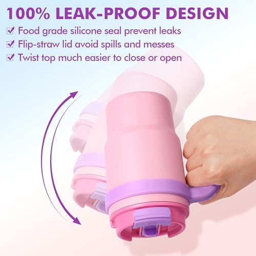 Fimibuke 16oz Kids Insulated Tumbler with Handle & Straws - 2 Pack BPA FREE 18/8 Stainless Steel Toddler Cups with Sip/Swig 2-in-1 Lids, Leak Proof Kid Drinking Cup Travel Mugs for Children Boys Girls - color: B4.Dinosaur & Monster Car