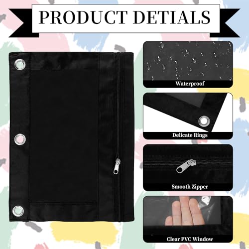 Pencil Pouch for 3 Ring Binder, 6 Pack Black Zipper Pencil Pouches, Clear Window Pencil Case for Binder, 3 Hole Pen Pouch Bulk, Pencil Bag with Grommets for College Office Supplies - color: Black