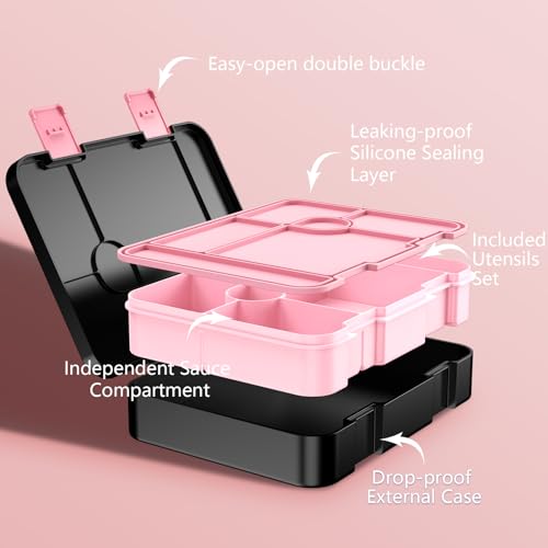 ACESAK Girls Backpack - Bento Box with Insulated Lunch Bag Pencil Case & Utensils Set for Kids, 6 Leakproof Compartments Removable Tray Lunches or Snack Container for School (Black) - color: Black