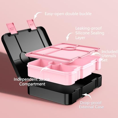 ACESAK Girls Backpack - Bento Box with Insulated Lunch Bag Pencil Case & Utensils Set for Kids, 6 Leakproof Compartments Removable Tray Lunches or Snack Container for School (Black) - color: Black