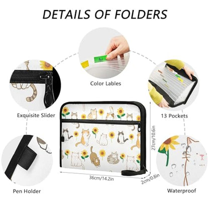 Cartoon Cat Sunflower File Folders,Plastic Folders with 13 Pockets,Expandable File Folder for Documents School Students Office,Aesthetic Folder with Labels A4 Letter Size - color: Multi 15