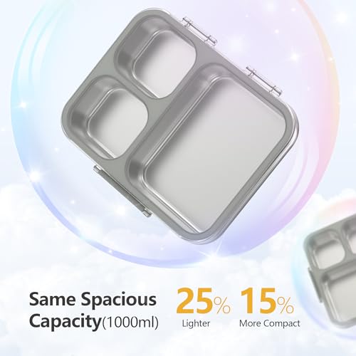 Stainless Steel Bento Lunch Box, 34oz/1000ml Leak Proof Metal Container, Lightweight 3mm Ultra-Narrow Bezel with Tritan Lid for Kids & Adults, 3-Compartment, BPA/BPS Free, Dishwasher Safe, Gray - color: Gray, size: 34oz/1000ml