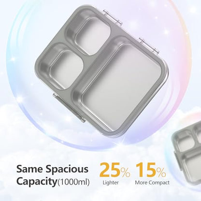 Stainless Steel Bento Lunch Box, 34oz/1000ml Leak Proof Metal Container, Lightweight 3mm Ultra-Narrow Bezel with Tritan Lid for Kids & Adults, 3-Compartment, BPA/BPS Free, Dishwasher Safe, Gray - color: Gray, size: 34oz/1000ml