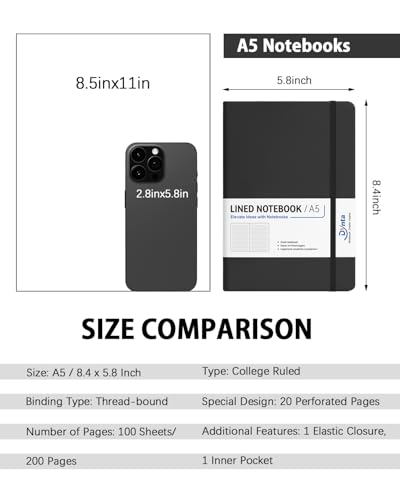 Dynta Hardcover Journal Notebooks, 10 Packs A5 Lined Journals Bulk for Writing 200 Pages/100Sheets, 8.4 x 5.8 inch, Classic Ruled Notebook for Work/Travel/College/Note Taking(Black) - color: Black