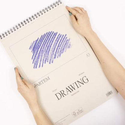 Hartem - A3 Sketch Book & 2B Graphite Pencil, Top Spiral Bound Sketch Pad, 100 Sheets, 60lb/90gsm Acid-Free Drawing Paper, Art Suppiles for Kids & Adults, Beginners & Professional Artists - size: A3 (11.7 × 16.5 in) + 2B Graphite Pencil