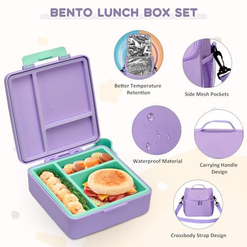 Pawtong Lunch Box Set with Bento Box Container, 17OZ Stainless Steel Food Soup Thermo, Kids Water Bottle & Portable Insulated Lunch Bag – Leakproof, Hot/Cold Retention for School, Travel (Purple) - color: Purple