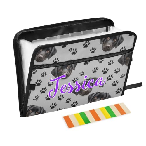 Kcldeci Custom Expanding File Folder with 13 Pockets,Black Lab and Dog Paws Gray Personalized Accordion Document Organizer with Labels, A4 Letter Size Portable Paper Storage for Office School Home Tra - color: Black Lab and Dog Paws Gray