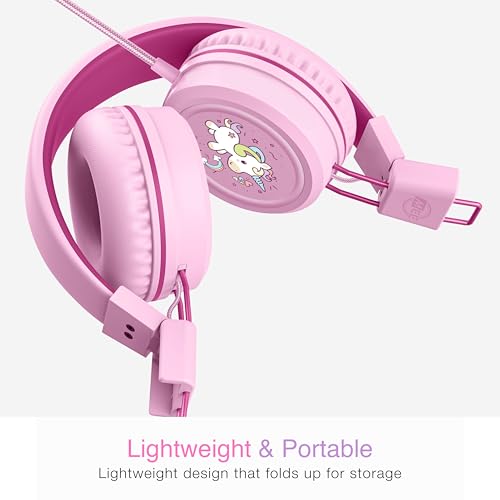MEE audio KidJamz KJ55 Wired Children’s Headphones with 3.5mm Plug, Colorful Graphics, Volume Limiter & Microphone, Adjustable On-Ear Kids Headset for Online Learning/School/Travel/Tablet (Pink) - color: Pink, style: Standard