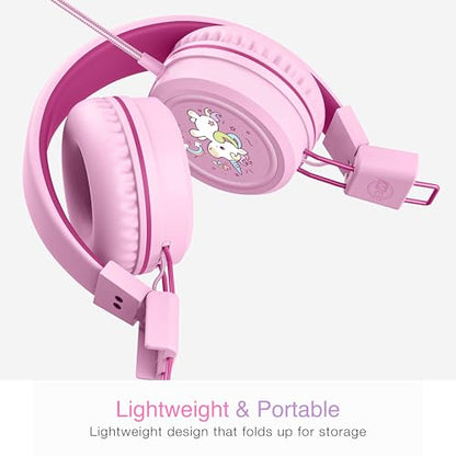 MEE audio KidJamz KJ55 Wired Children’s Headphones with 3.5mm Plug, Colorful Graphics, Volume Limiter & Microphone, Adjustable On-Ear Kids Headset for Online Learning/School/Travel/Tablet (Pink) - color: Pink, style: Standard