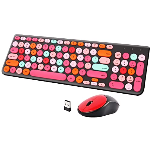 Wireless Keyboard and Mouse Combo, Retro Typewriter Keyboard with Round Keycaps, 2.4GHz USB Cute Wireless Keyboard Mouse for Computer, Desktop, Laptop and Computer (Black-Colorful) - color: Black-Colorful