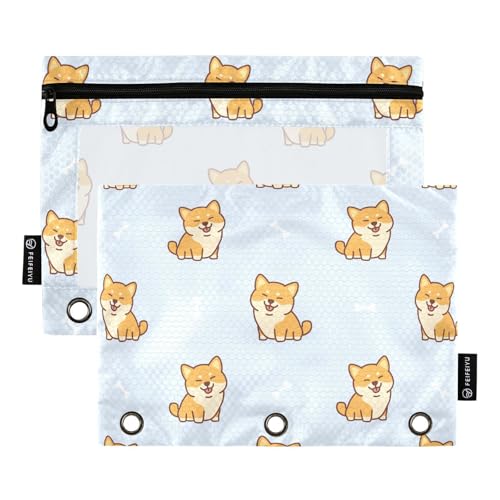 Cute Shiba Inu Dogs Pencil Pouch for 3 Ring Binder, Three Hole Pencil Case for Binder Bulk Pencil Bag with Clear Window and Zipper for Office School College, 2 Pack, 9.84*7.08in - color: Multicolor 18