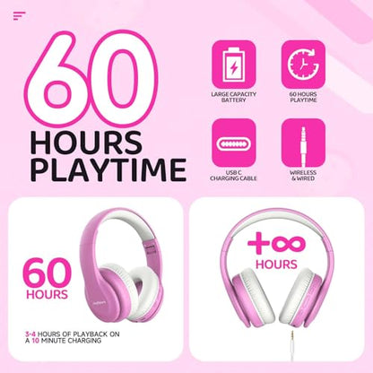 JoySpark Kids Bluetooth Headphones, Lightweight Wireless Headphones for Kids, 85/94dB Volume Limited, 60 Hours Playtime, Bluetooth 5.3, Over-Ear Toddler Headsets with Built-in Mic-Pink - color: Pink