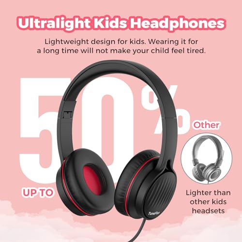 TuneFlux Upgraded Kids Headphones, Wired Toddler Headsets, 85dB Limited Volume On Ear Headphones, Portable Foldable Design, Stereo Sound Kids Headsets for School/Tablet/Travel-Black Red - color: Black Red