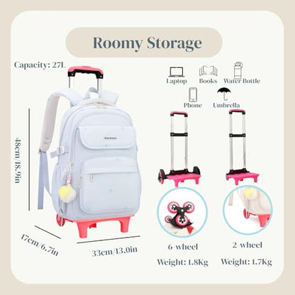 EKUIZAI Solid Girls Rolling Backpack for Kids Roller Bookbag with Wheels for Middle School Students Girls Trolley Backpack, White - color: A-6-wheel White, style: 6 Wheels