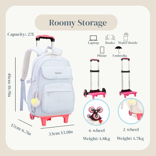 EKUIZAI Solid Girls Rolling Backpack for Kids Roller Bookbag with Wheels for Middle School Students Girls Trolley Backpack, Pink - color: A-6-wheel Pink, style: 6 Wheels