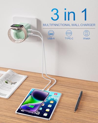 BeaSaf 36W for Apple Charging Block with Built-in Watch Charger, Foldable PD Fast Charger Block for iPhone, Dual Ports Wall Charger Compatible with Apple Watch iPhone AirPods(Green) - color: Green