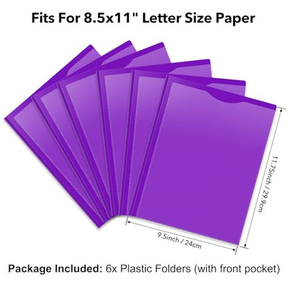 6 Pack Heavy Duty Plastic Pocket Folder with Prongs and Clear Front Pocket, 3 Pockets Folders with 3 Prongs and 2 Card Slot, Purple File Folders Fit Letter Size Paper for Office School Home Business - color: Purple