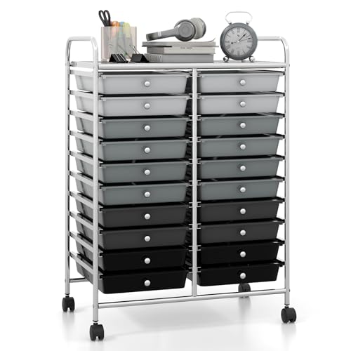 Giantex 20 Drawers Rolling Cart, Mobile Storage Drawer Cart, Classroom Organizer Cart for Office School Supplies Teacher Tools Paper Craft Small Printer, Utility Cart on Wheels, Gradient Grey - color: Black Gradient, size: 25” x 15” x 35”(20 Drawers)