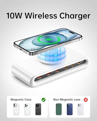 USB C Charging Station with 10W Wireless Charger, 145W USB C Charger Block with with 5FT Extension Cord, 7-in-1 Multi USB Charging Station for Home Office