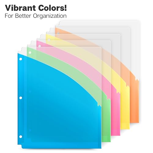 Dunwell Plastic Binder Pocket 3 Hole Punched (3 Sets, 15 Count) Slash File Jackets for 8.5x11 Paper, Project Sleeves for 3 Ring Binder, No Tab, 5 Color Dividers with Front & Back Pockets