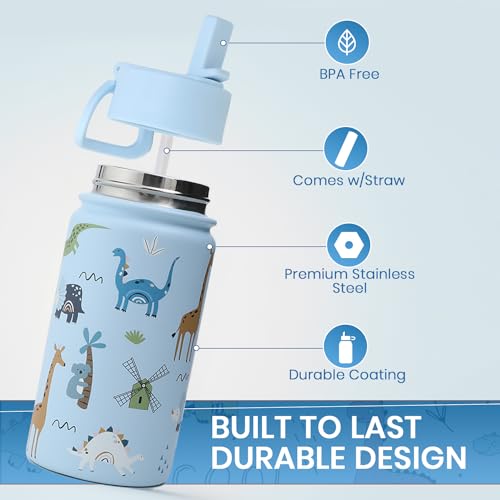 Lexlion Water Bottle 14 Oz, Triple Walled Insulated Stainless Steel Odor & Strain Resistant Reusable Bottle, 1 straw Lid, Leakproof, Metal Mug Gallon, BPA Free, Blue Zoo - color: Blue, size: 14 Ounces