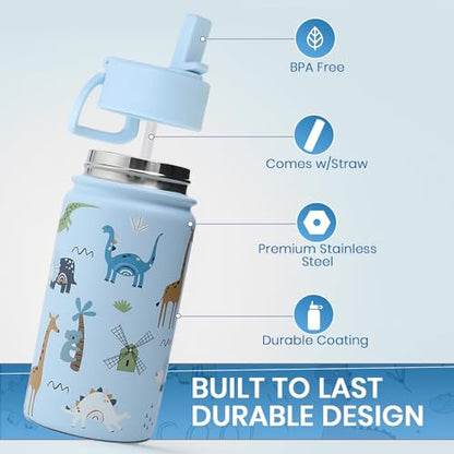 Lexlion Water Bottle 14 Oz, Triple Walled Insulated Stainless Steel Odor & Strain Resistant Reusable Bottle, 1 straw Lid, Leakproof, Metal Mug Gallon, BPA Free, Blue Zoo - color: Blue, size: 14 Ounces