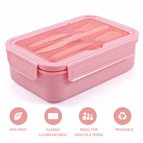 Caperci Classic Bento Box Adult Lunch Box for Older Kids - Leakpoof 47 oz 3-Compartment Lunch Containers for Adults and Teens, Built-in Utensil Set, Ideal for On-the-Go Balanced Eating, Pink - color: Pink